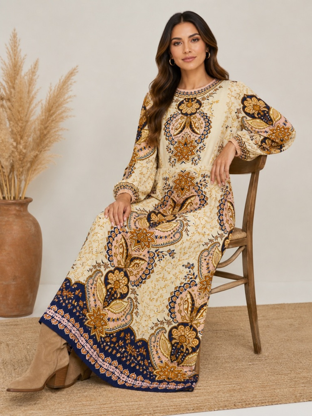 FARM Rio Beige Paisley Boho Maxi Dress Long Sleeve Size L